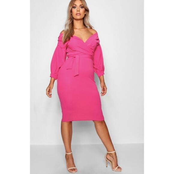 Boohoo Dresses & Skirts - Boohoo Pink V-Neck Belted Off Shoulder Crepe Wrap Midi Dress Size 6